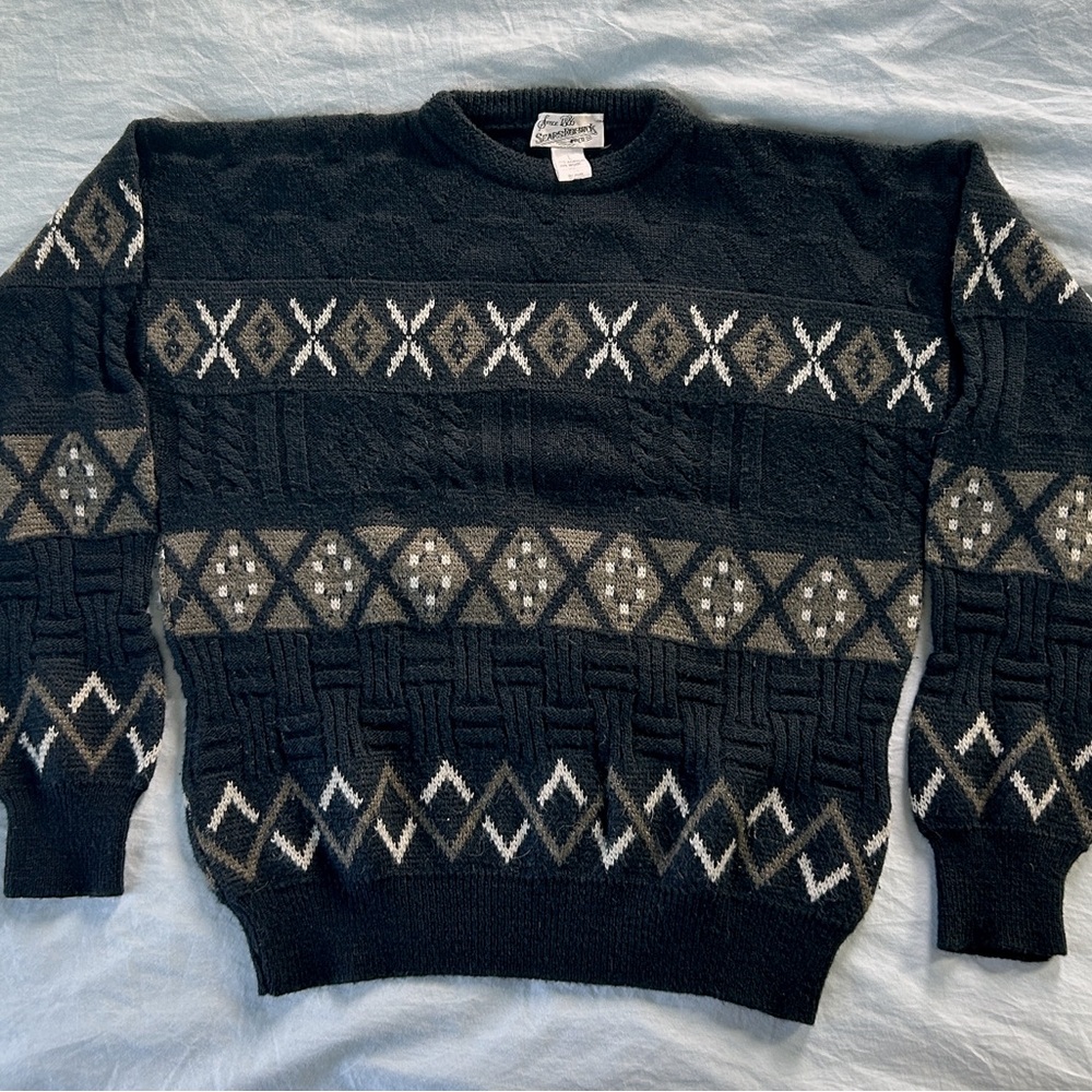 Vintage Sear Roebuck Men’s Sweater Wool Blend Size L Dark Navy Grey Pattern
